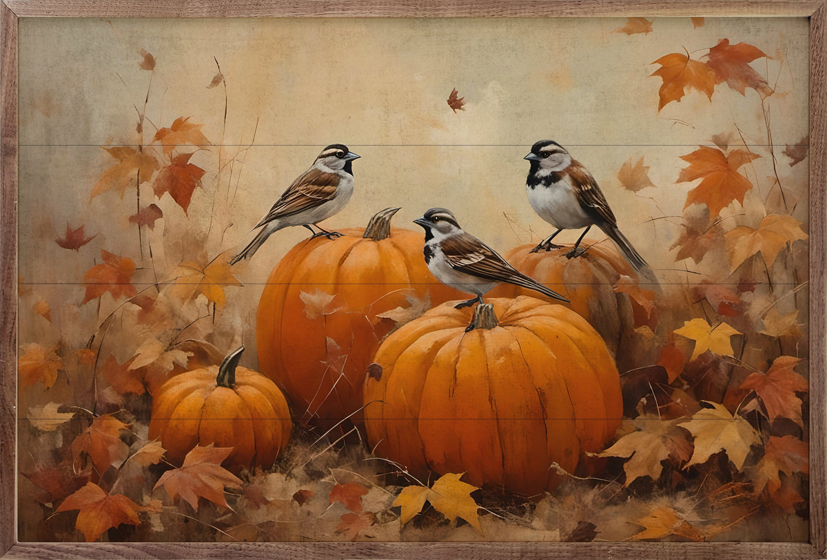 Sparrows On Pumpkins Printed and Framed Wall Sign