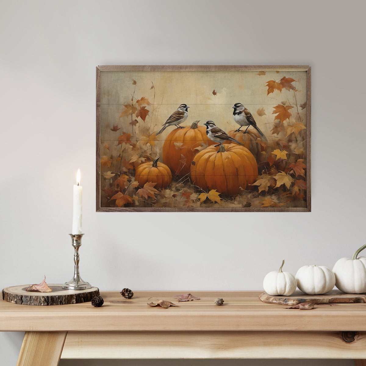 Sparrows On Pumpkins Printed and Framed Wall Sign
