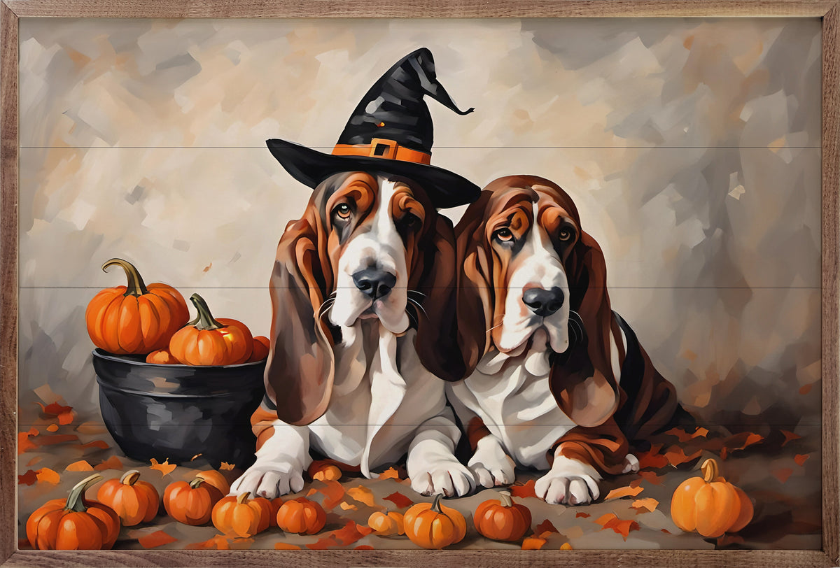 Two Bassets With Pumpkins Printed and Framed Wall Sign