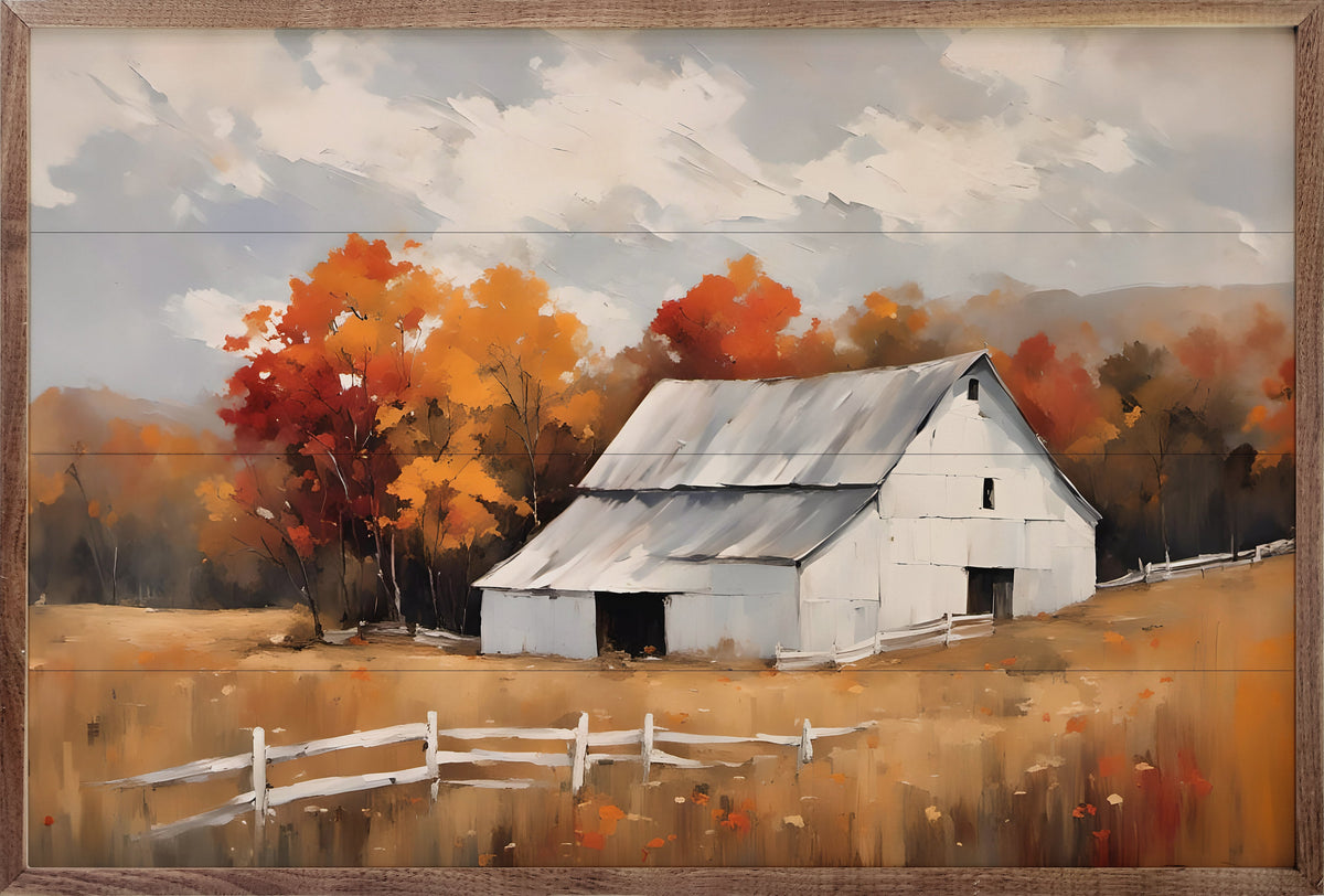 White Barn With White Fence Printed and Framed Wall Sign