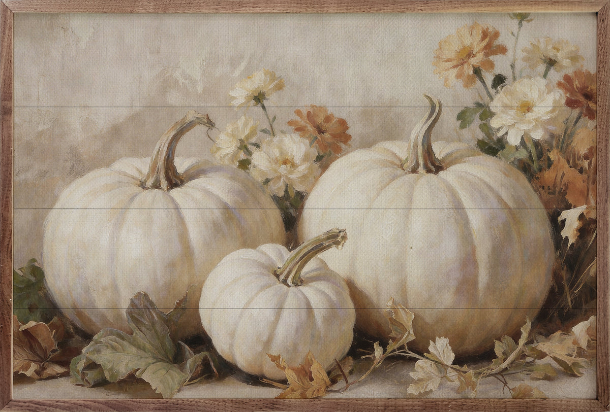 White Pumpkins With Autumn Florals Printed and Framed Wall Sign
