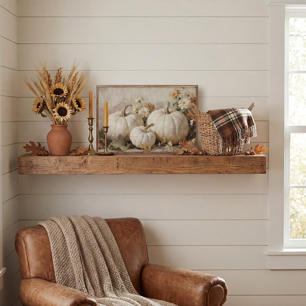 White Pumpkins With Autumn Florals Printed and Framed Wall Sign