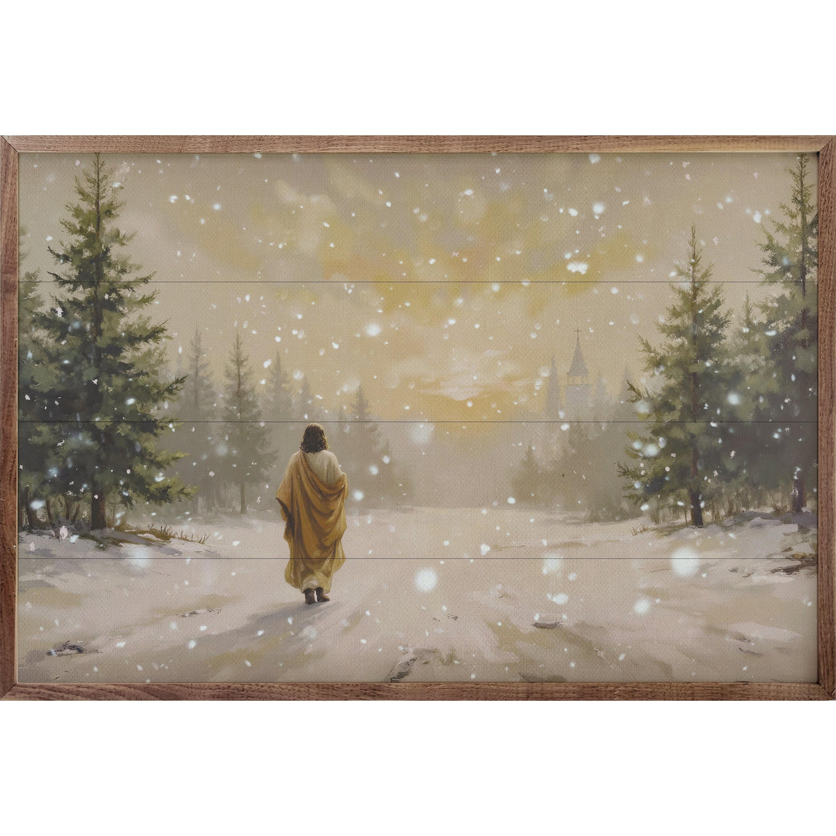 Jesus Walking In The Snow Printed and Framed Wall Sign