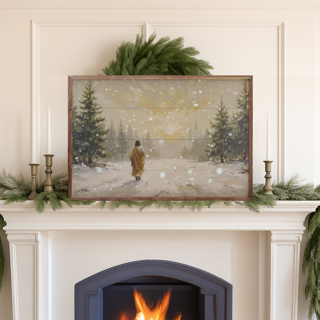 Jesus Walking In The Snow Printed and Framed Wall Sign