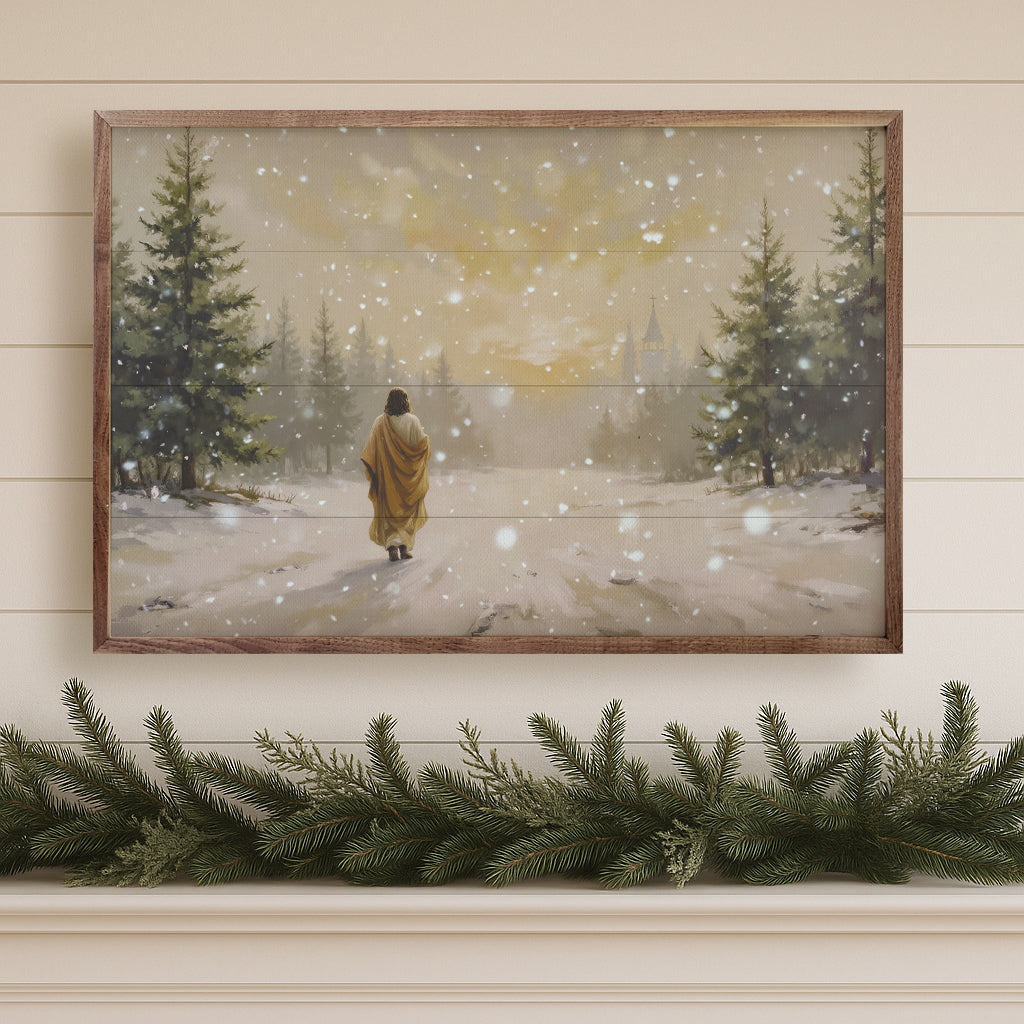 Jesus Walking In The Snow Printed and Framed Wall Sign