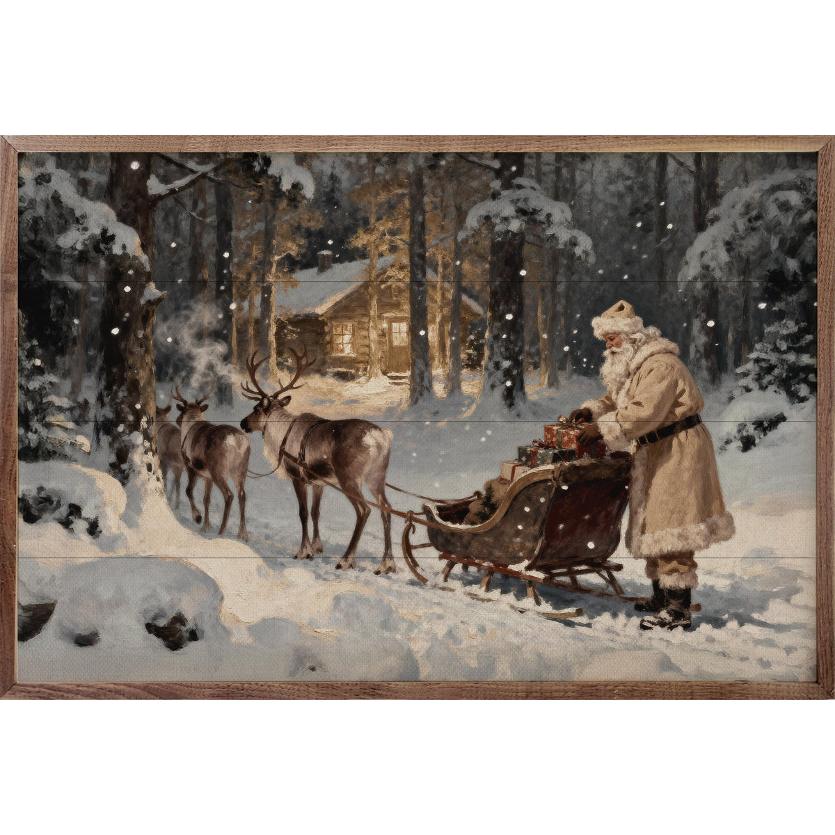 Santa And His Reindeer Sleigh Cabin Printed and Framed Wall Sign