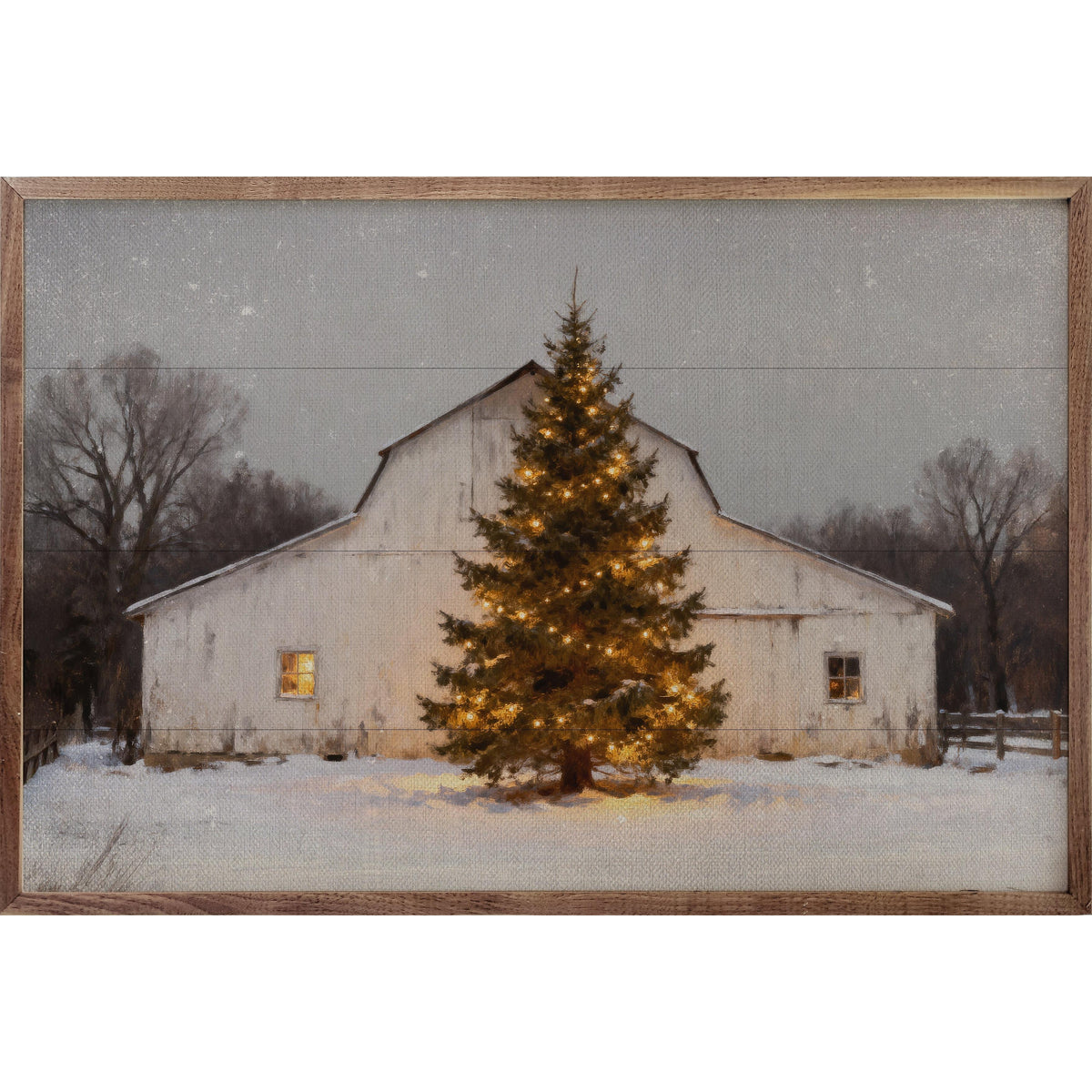 White Barn And Holiday Tree Printed and Framed Wall Sign