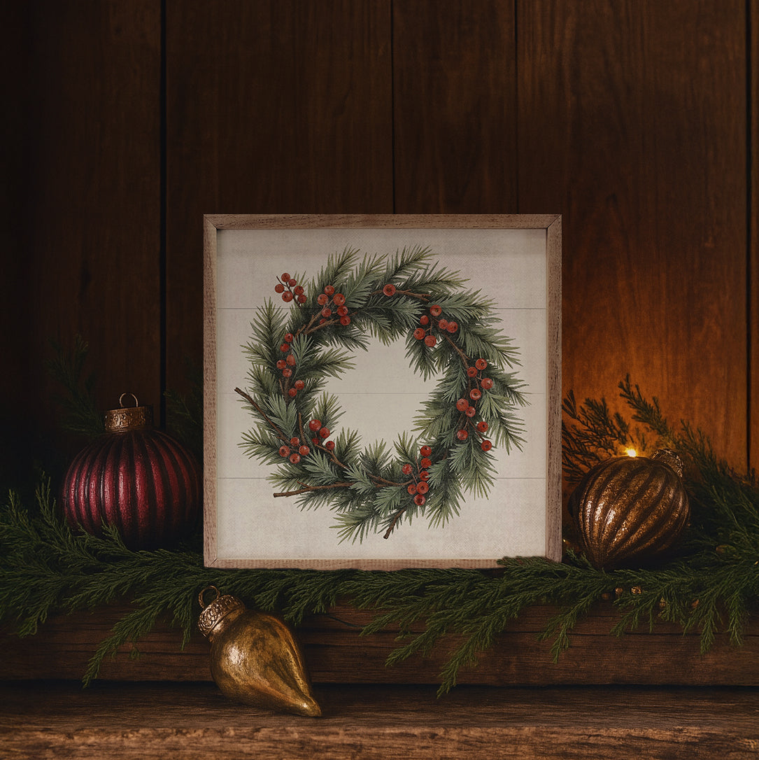 Berry Pine Wreath Printed and Framed Wall Sign