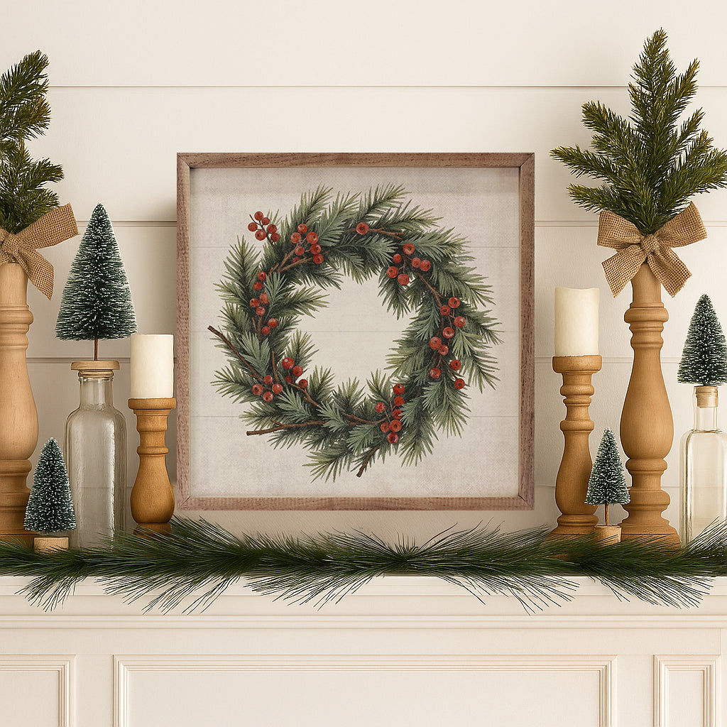Berry Pine Wreath Printed and Framed Wall Sign
