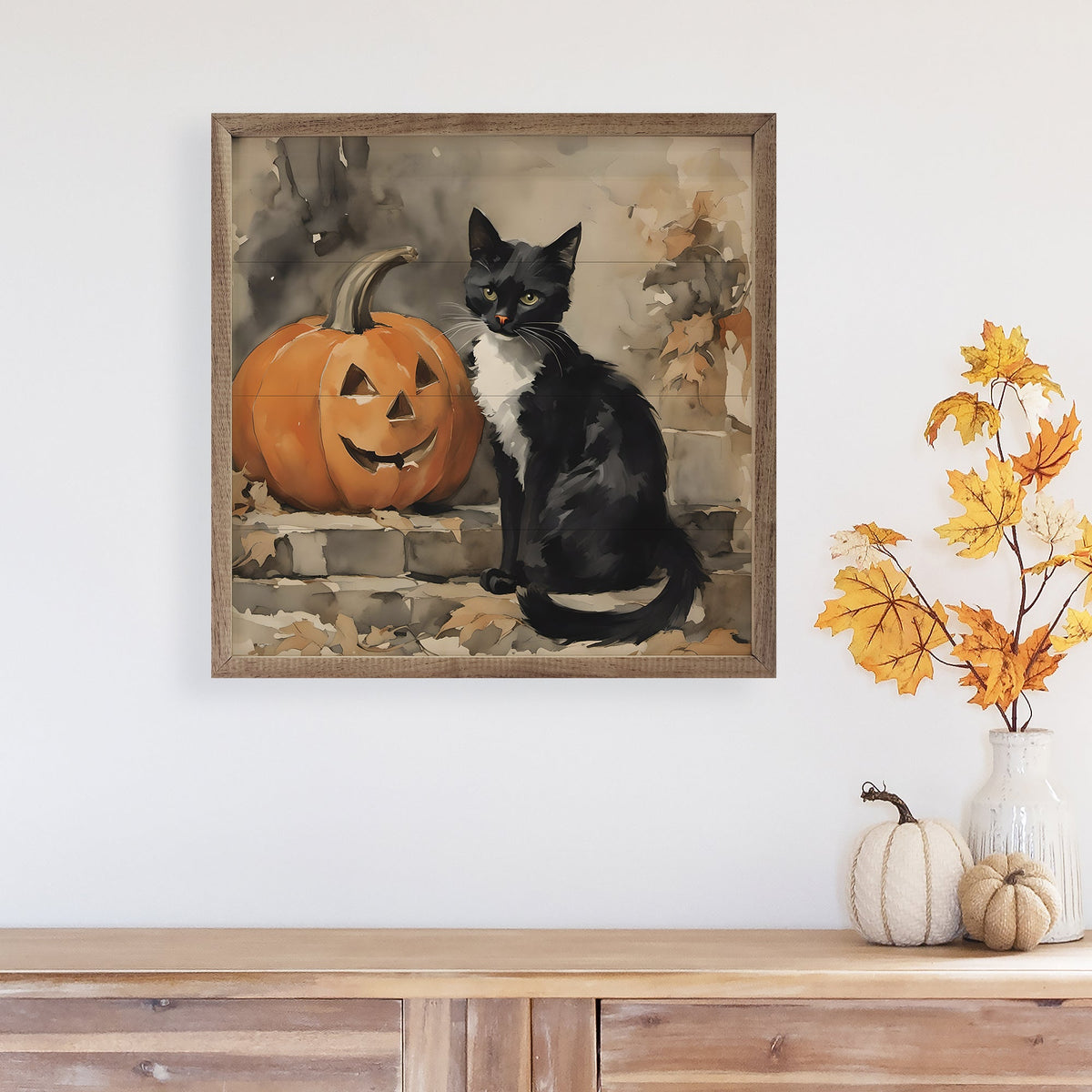 Black Cat With Pumpkin Printed and Framed Wall Sign
