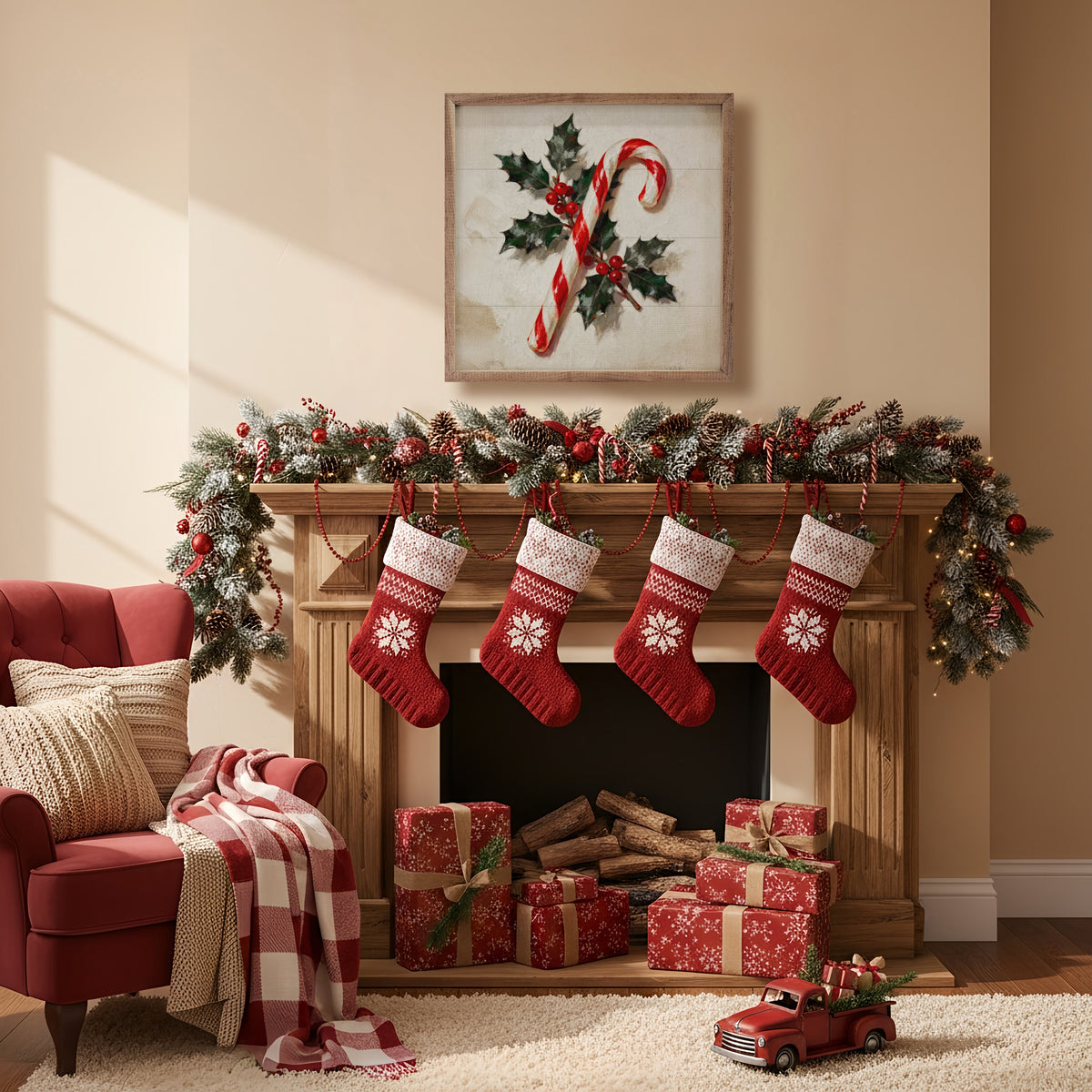 Candy Cane With Holly Printed and Framed Wall Sign