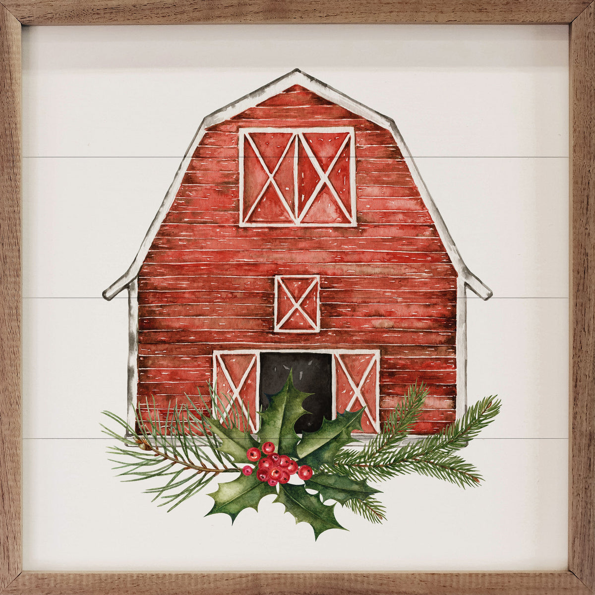 Red Barn With Wreath Cardinal Printed and Framed Wall Sign