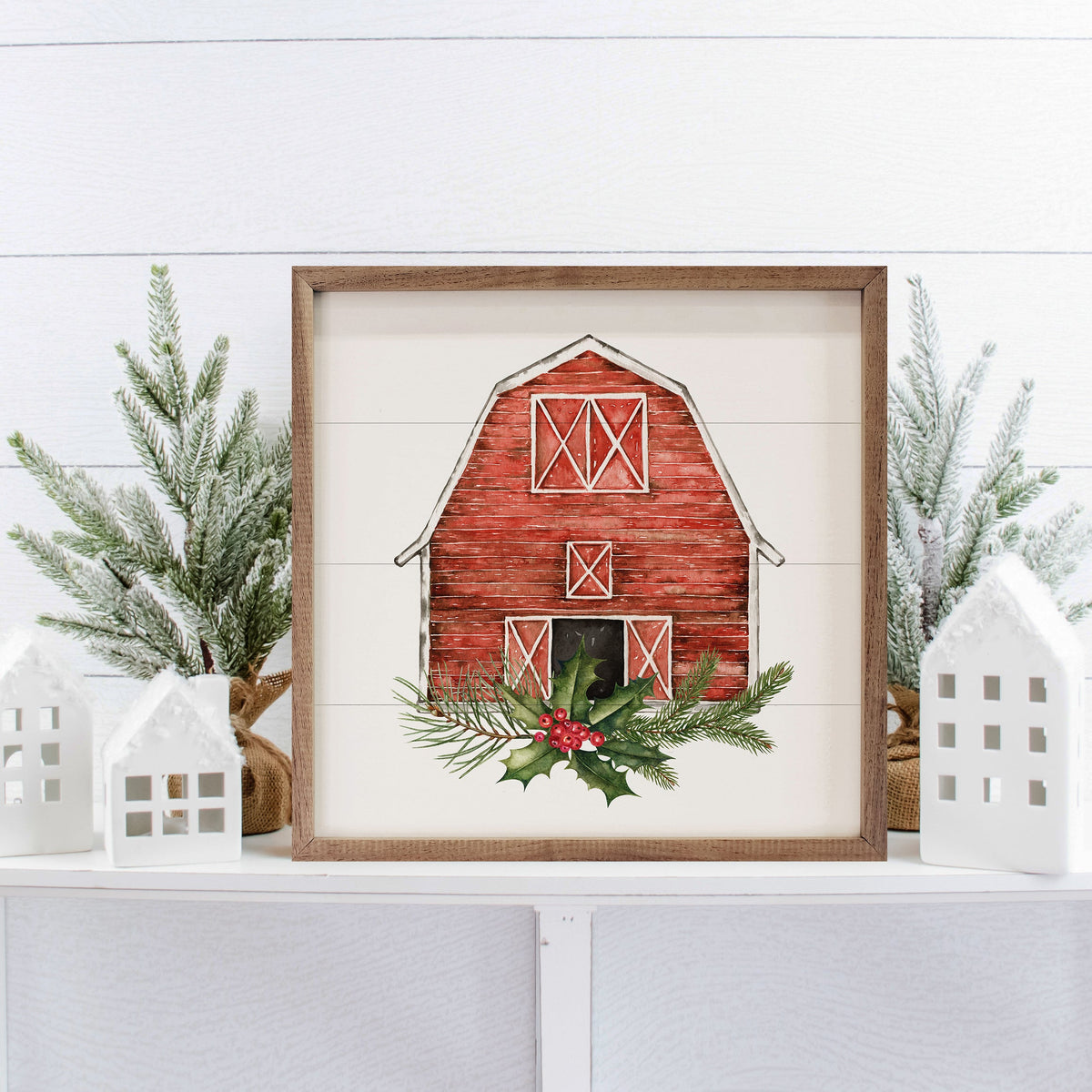 Red Barn With Wreath Cardinal Printed and Framed Wall Sign