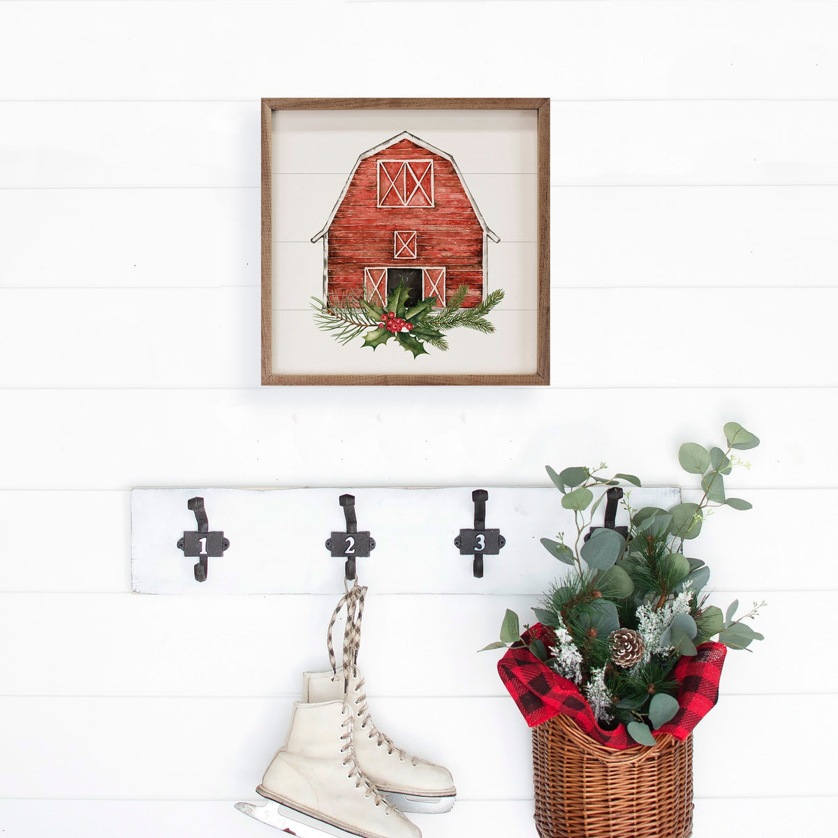 Red Barn With Wreath Cardinal Printed and Framed Wall Sign