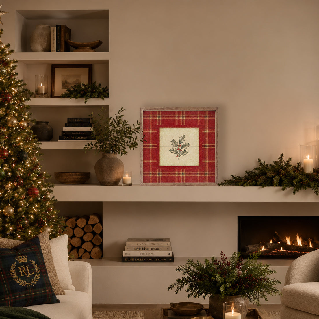 Cranberry Plaid Holly Printed and Framed Wall Sign