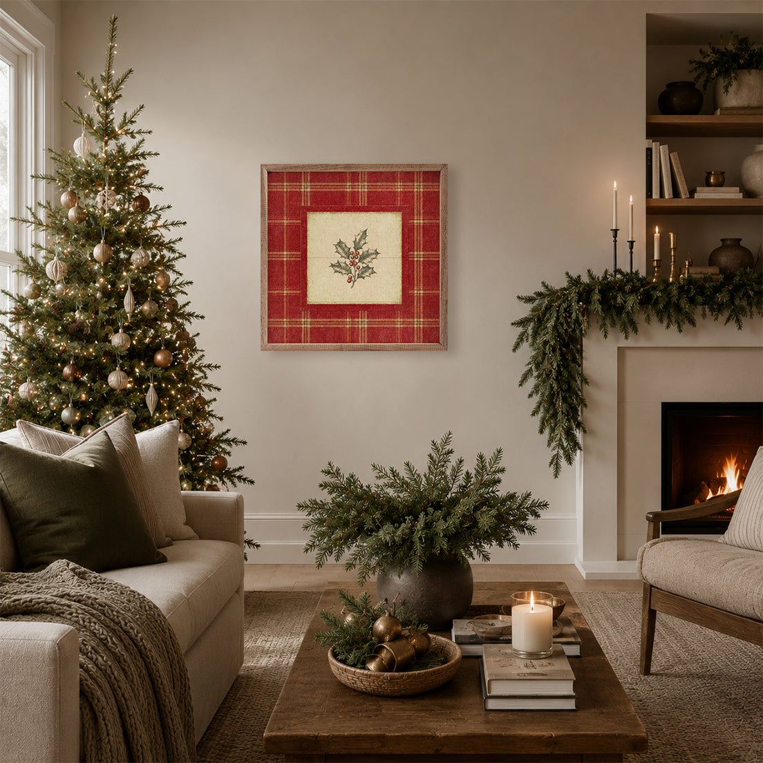 Cranberry Plaid Holly Printed and Framed Wall Sign