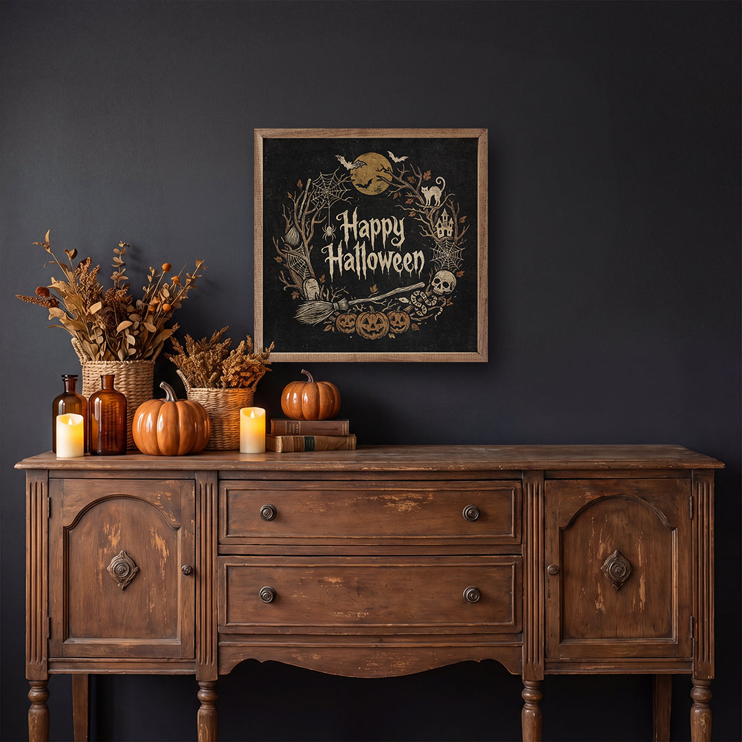 Happy Halloween Wreath Printed and Framed Wall Sign