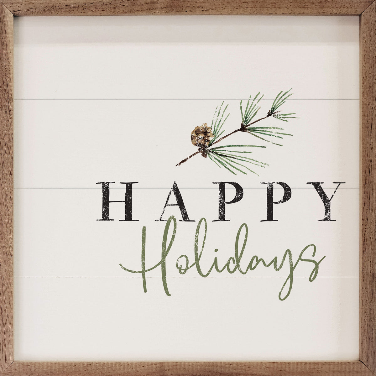 Happy Holidays Pine Branch White Printed and Framed Wall Sign