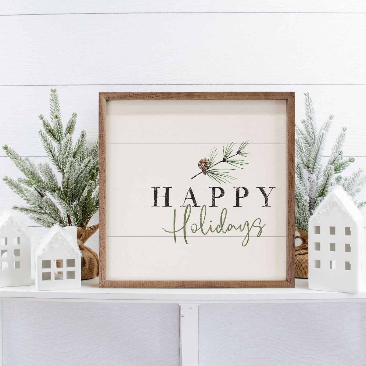 Happy Holidays Pine Branch White Printed and Framed Wall Sign