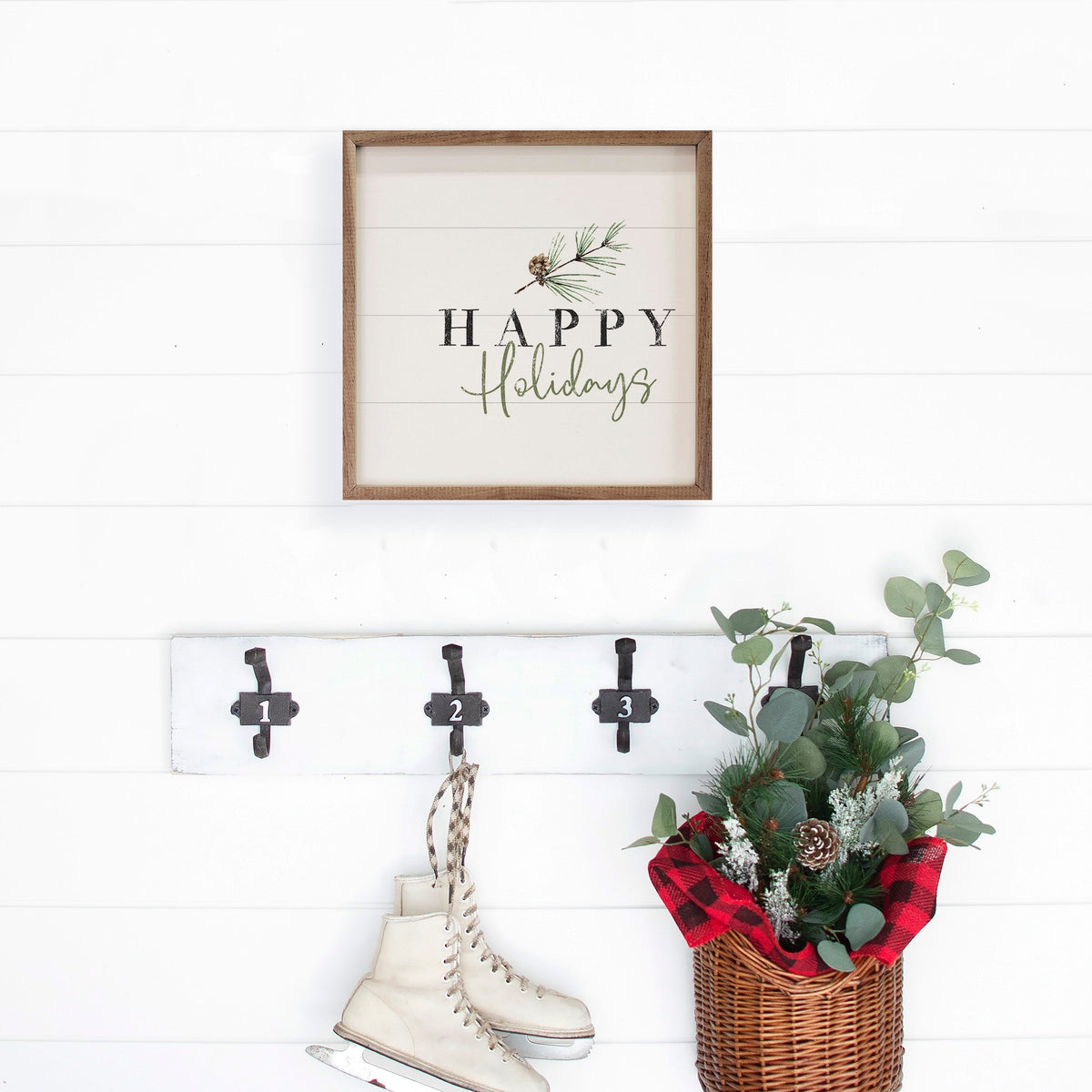 Happy Holidays Pine Branch White Printed and Framed Wall Sign