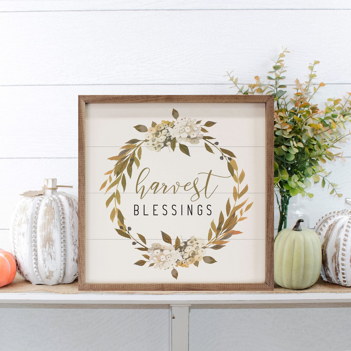 Harvest Blessings Wreath White Printed and Framed Wall Sign