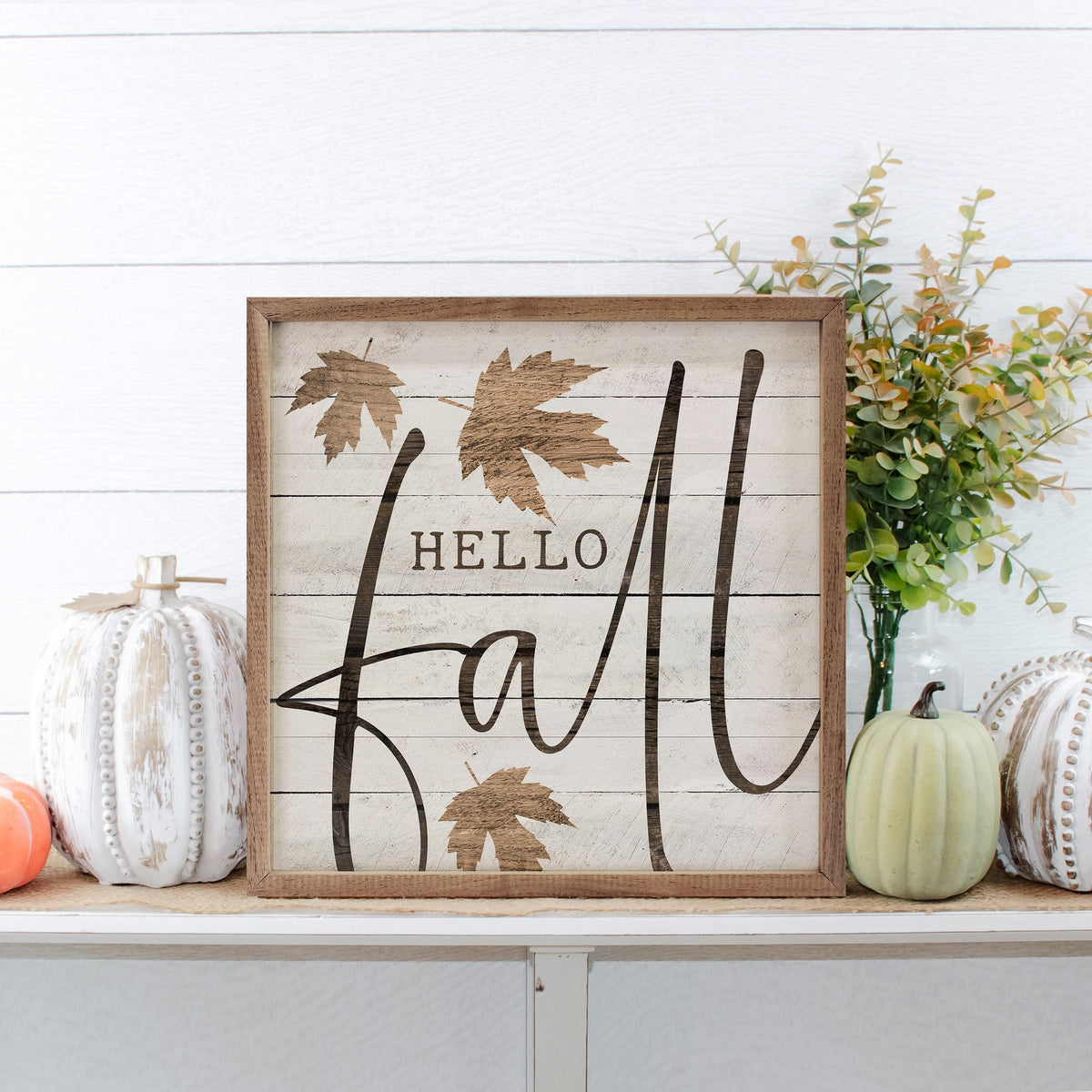 Hello Fall Leaf Whitewash Printed and Framed Wall Sign