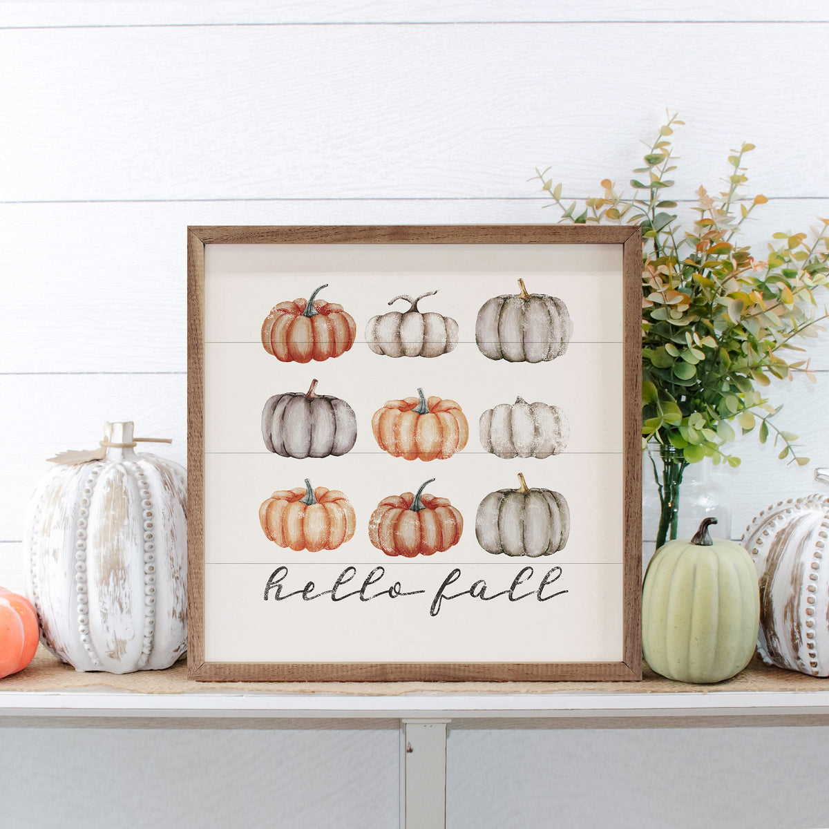 Hello Fall Orange And Gray Pumpkins White Printed and Framed Wall Sign