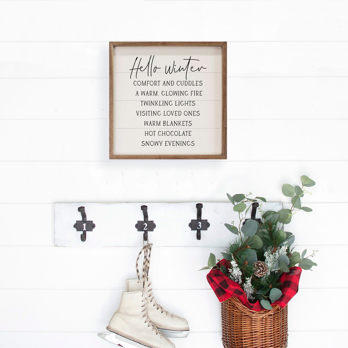 Hello Winter Comforts White Printed and Framed Wall Sign