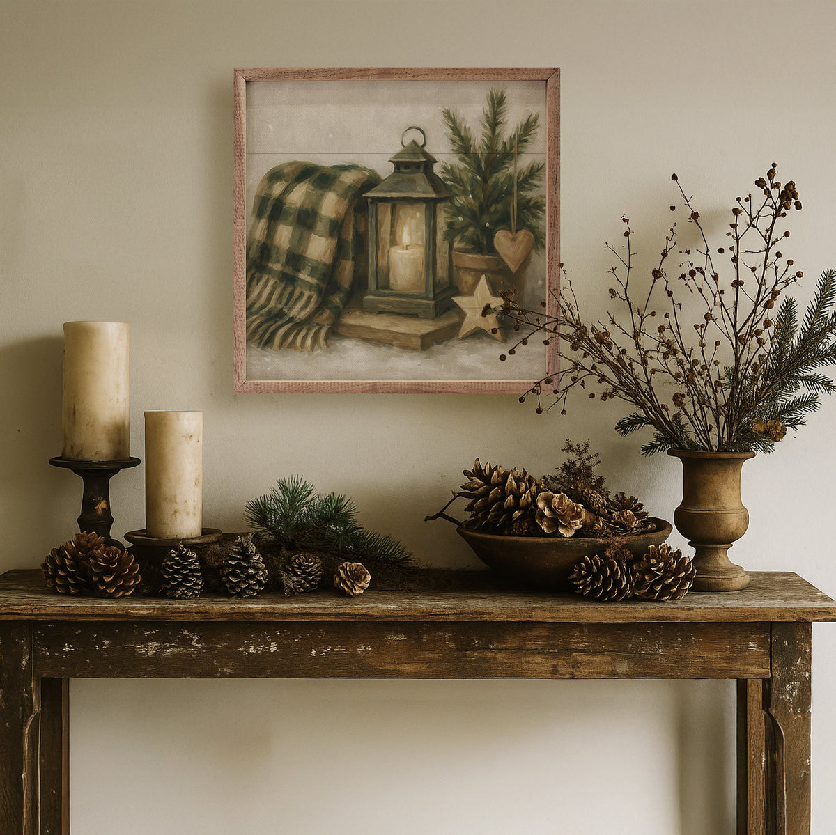Holiday Plaid Lantern Printed and Framed Wall Sign