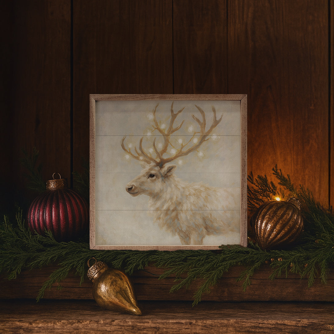 Holiday White Reindeer Printed and Framed Wall Sign