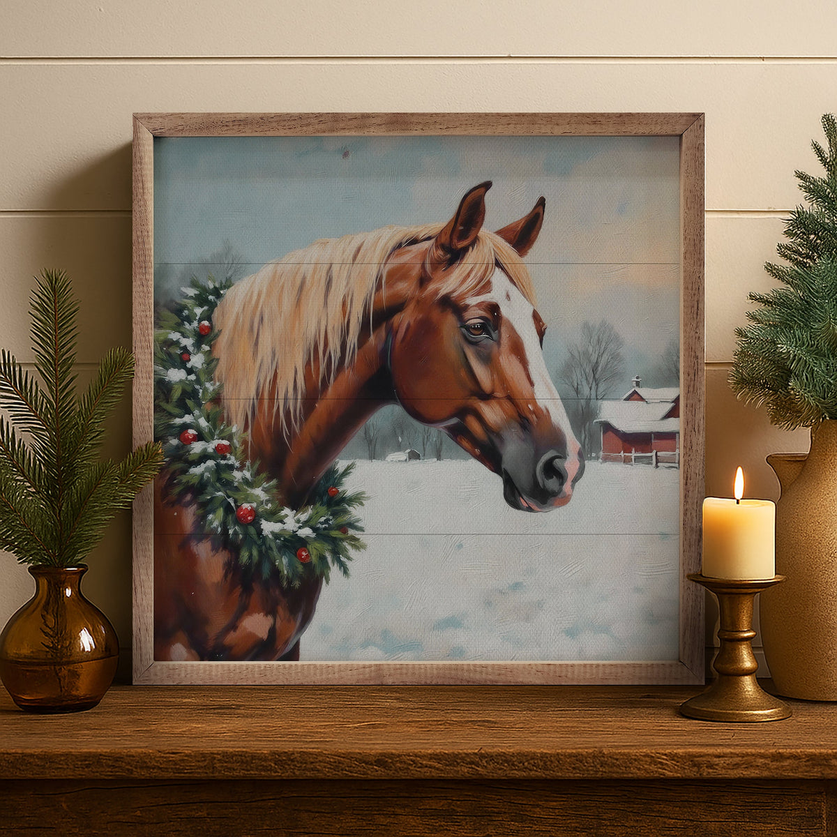 Horse With Wreath Printed and Framed Wall Sign