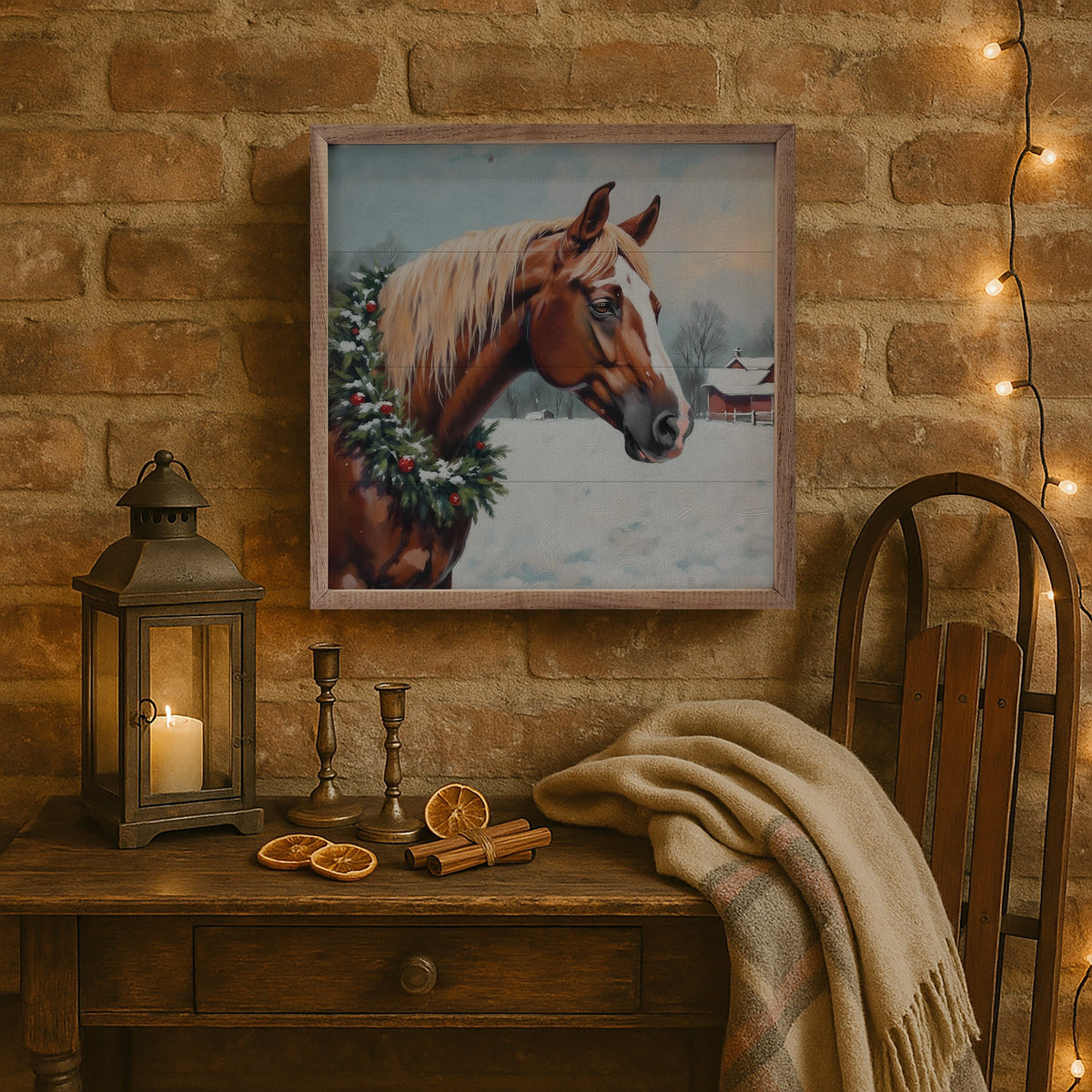 Horse With Wreath Printed and Framed Wall Sign