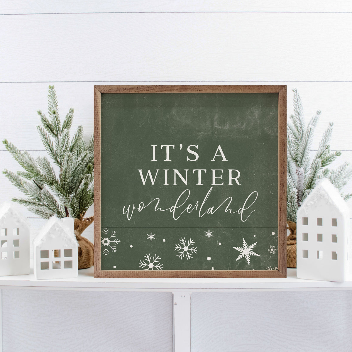 It's A Winter Wonderland Snowflakes Green Printed and Framed Wall Sign