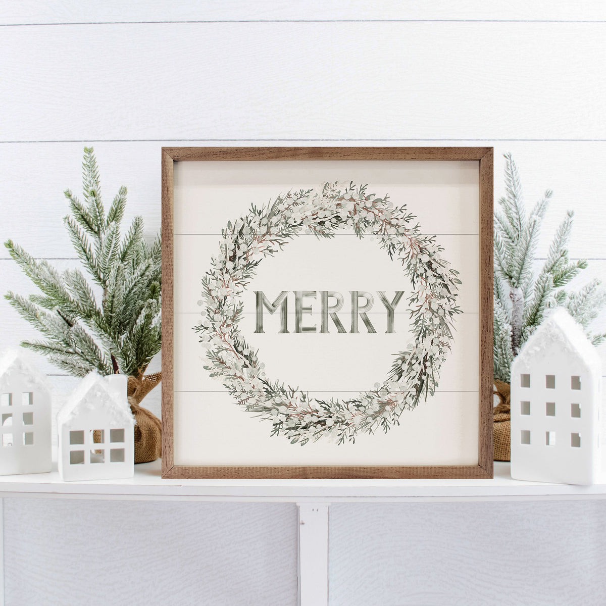 Merry Wreath White Printed and Framed Wall Sign