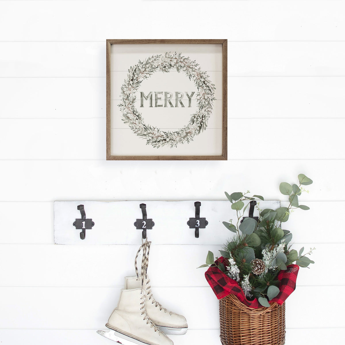 Merry Wreath White Printed and Framed Wall Sign