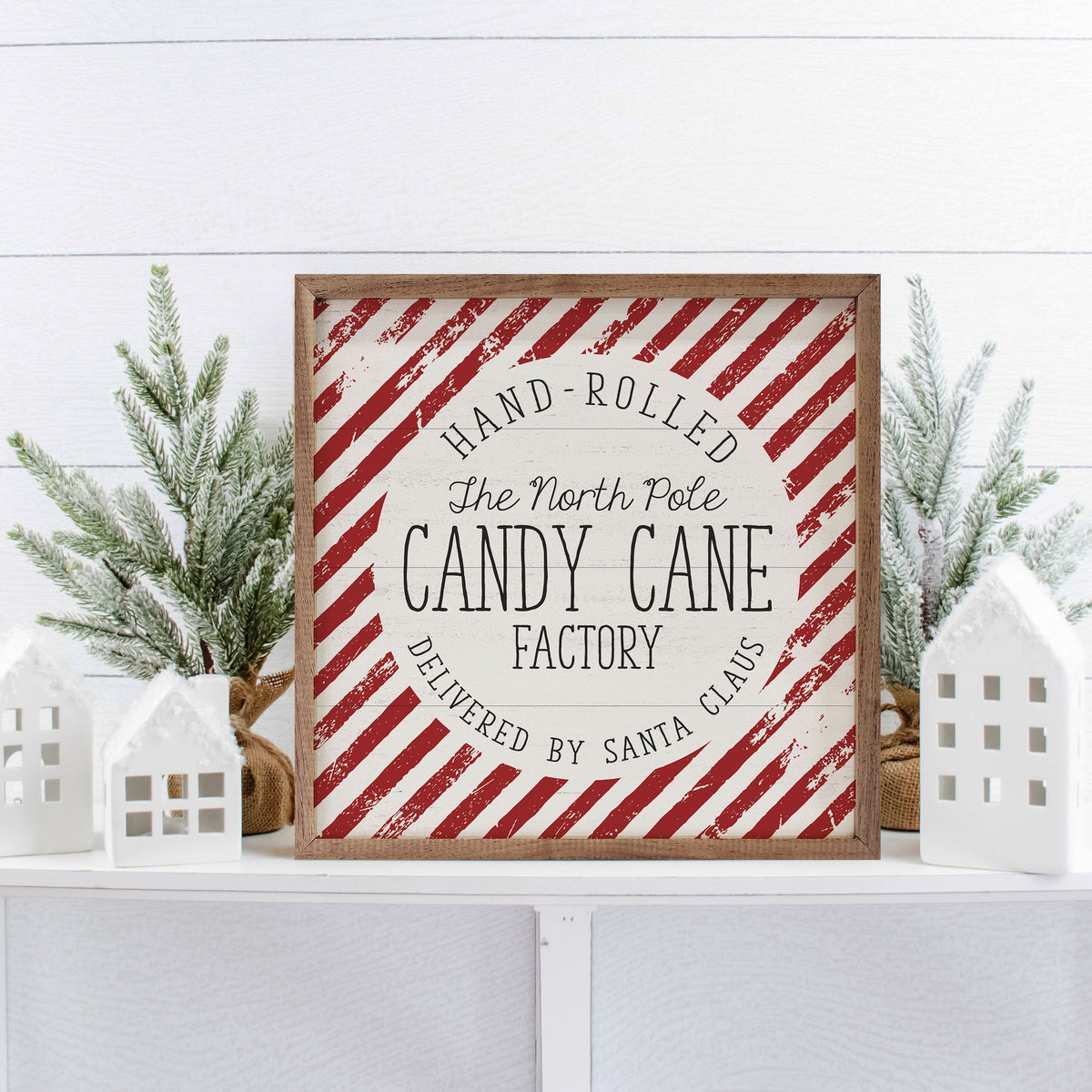 North Pole Candy Cane Factory Stripe Printed and Framed Wall Sign