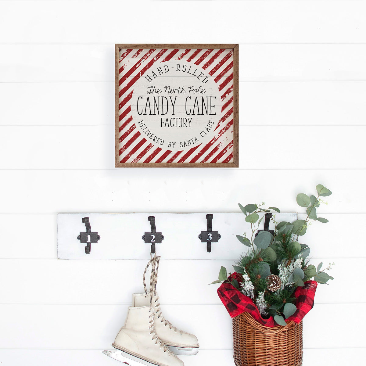 North Pole Candy Cane Factory Stripe Printed and Framed Wall Sign