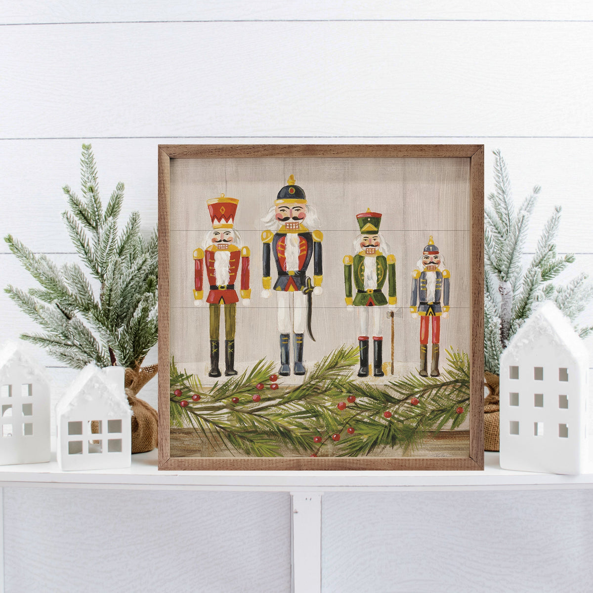 Nutcrackers On A Mantel By Silvia Vassileva Printed and Framed Wall Sign