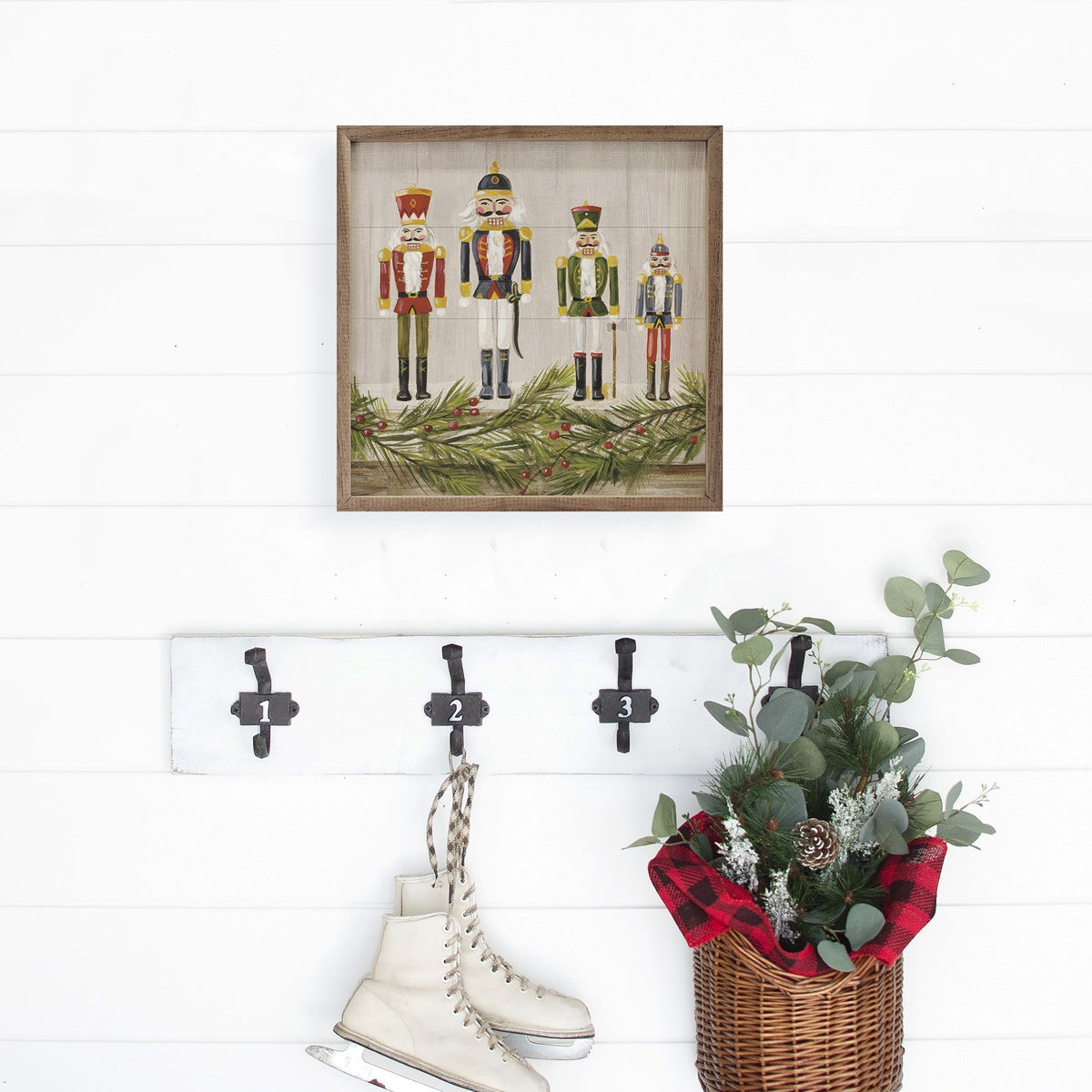 Nutcrackers On A Mantel By Silvia Vassileva Printed and Framed Wall Sign
