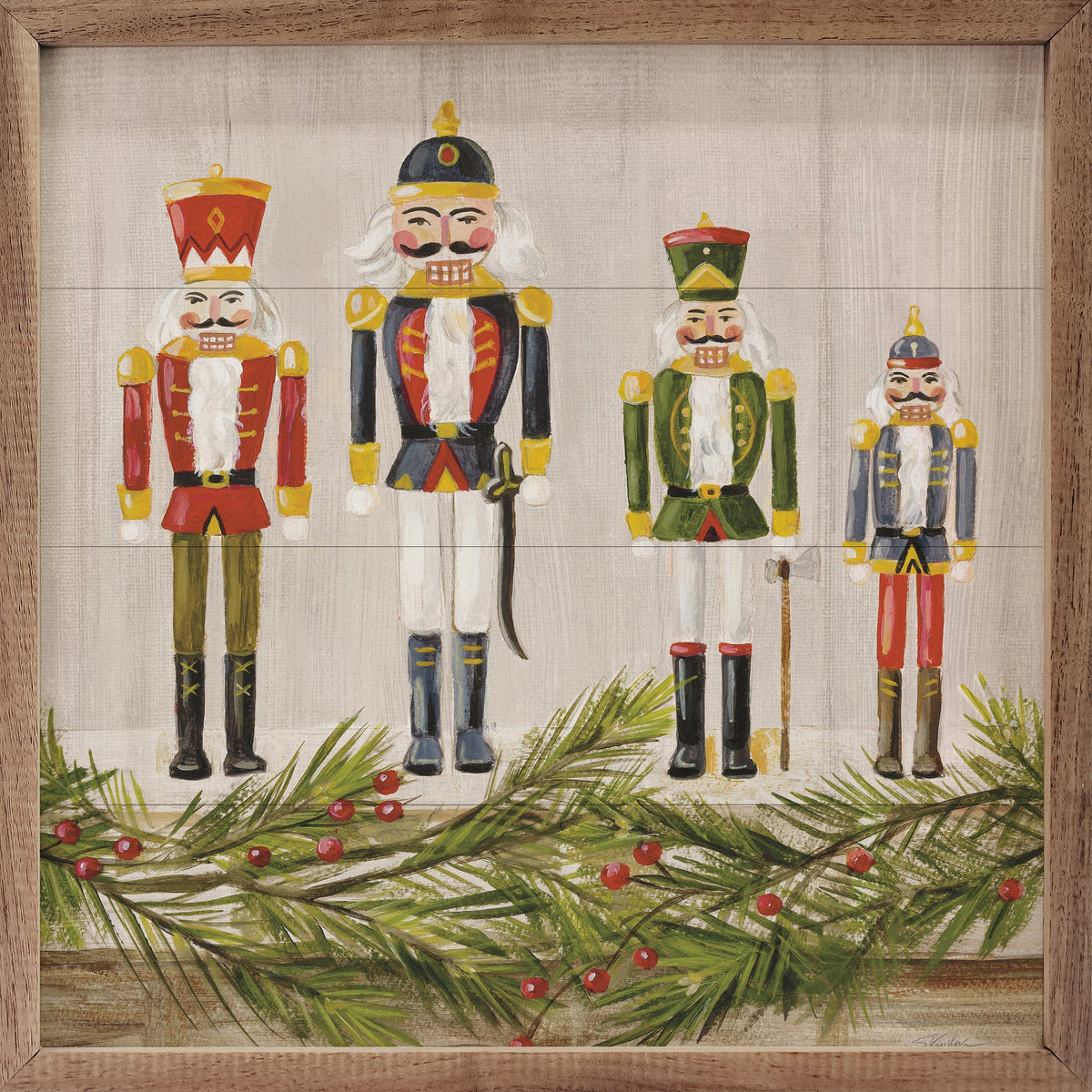 Nutcrackers On A Mantel By Silvia Vassileva Printed and Framed Wall Sign