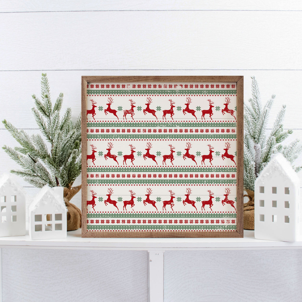 Pattern Christmas Reindeer Printed and Framed Wall Sign
