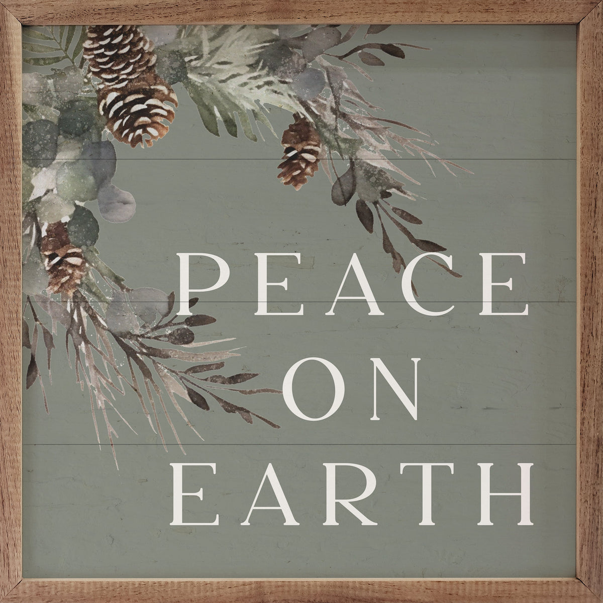 Peace On Earth Pinecones Green Printed and Framed Wall Sign