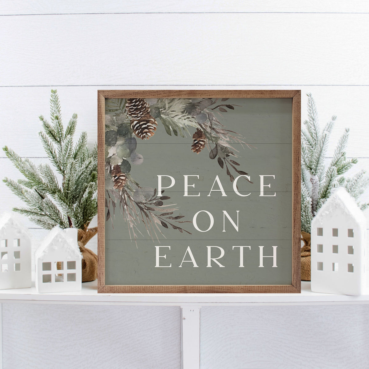 Peace On Earth Pinecones Green Printed and Framed Wall Sign
