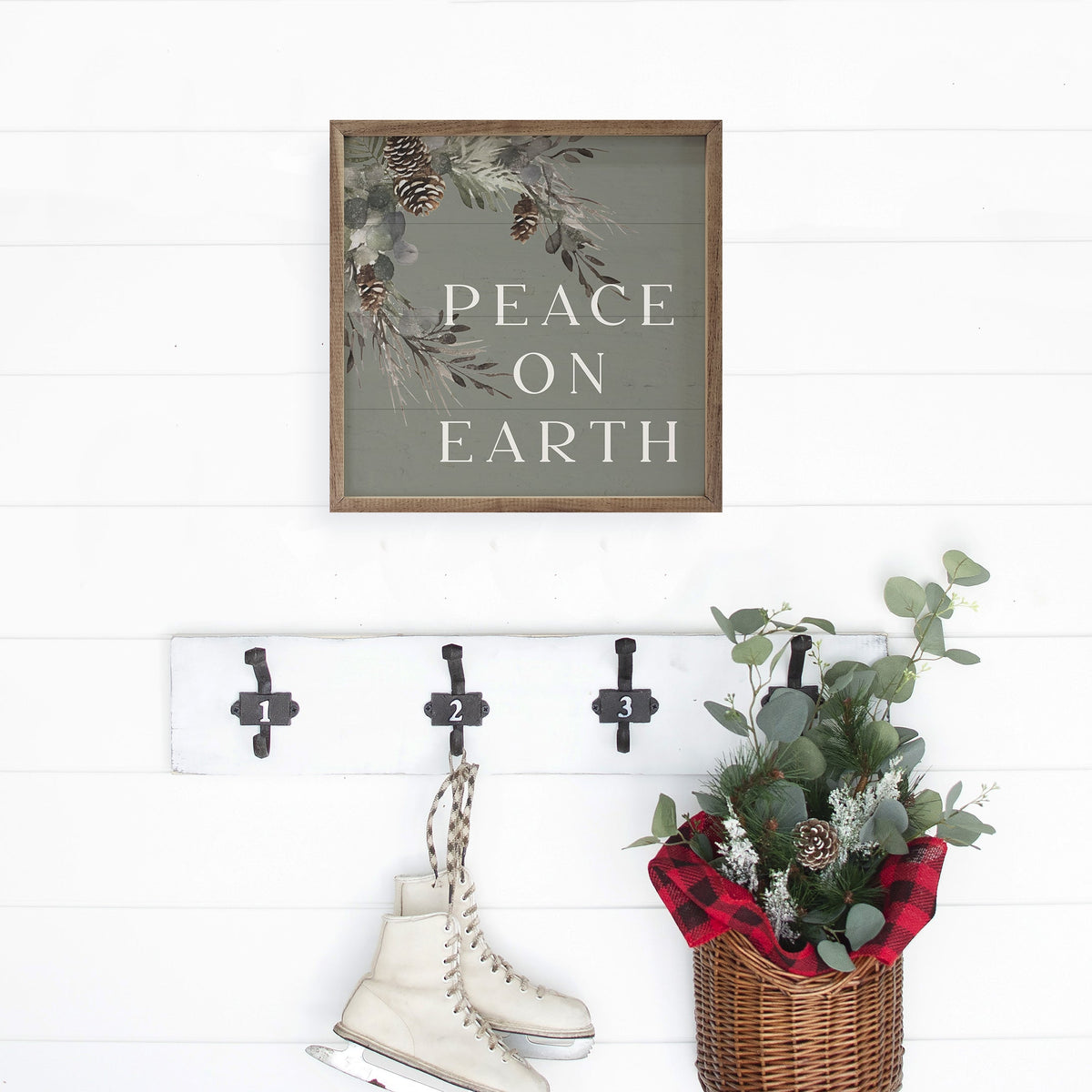 Peace On Earth Pinecones Green Printed and Framed Wall Sign