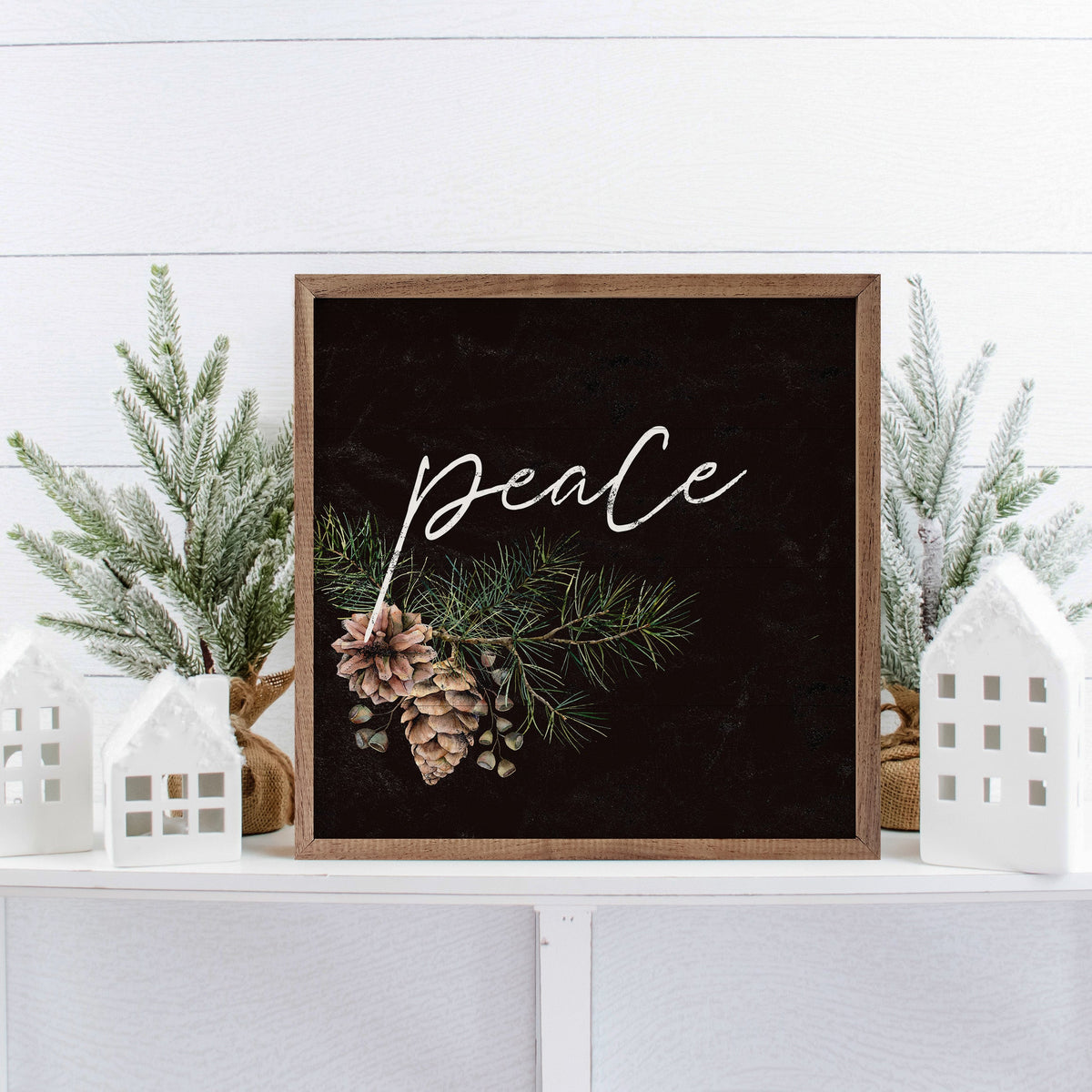 Pinecone Peace Branch Black Printed and Framed Wall Sign