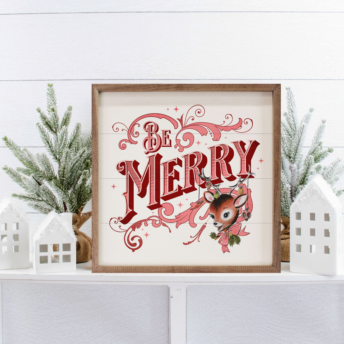 Pink Be Merry Deer White Printed and Framed Wall Sign