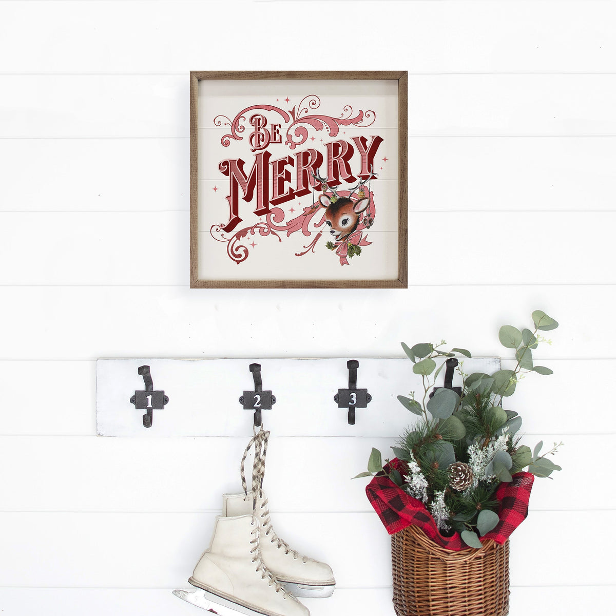 Pink Be Merry Deer White Printed and Framed Wall Sign