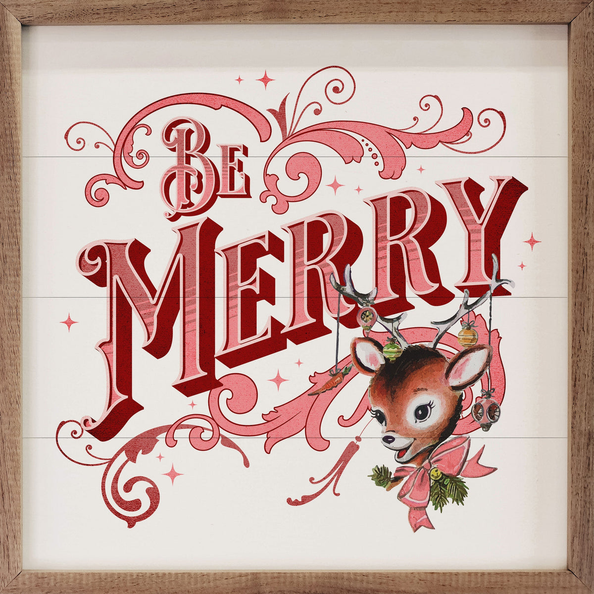 Pink Be Merry Deer White Printed and Framed Wall Sign