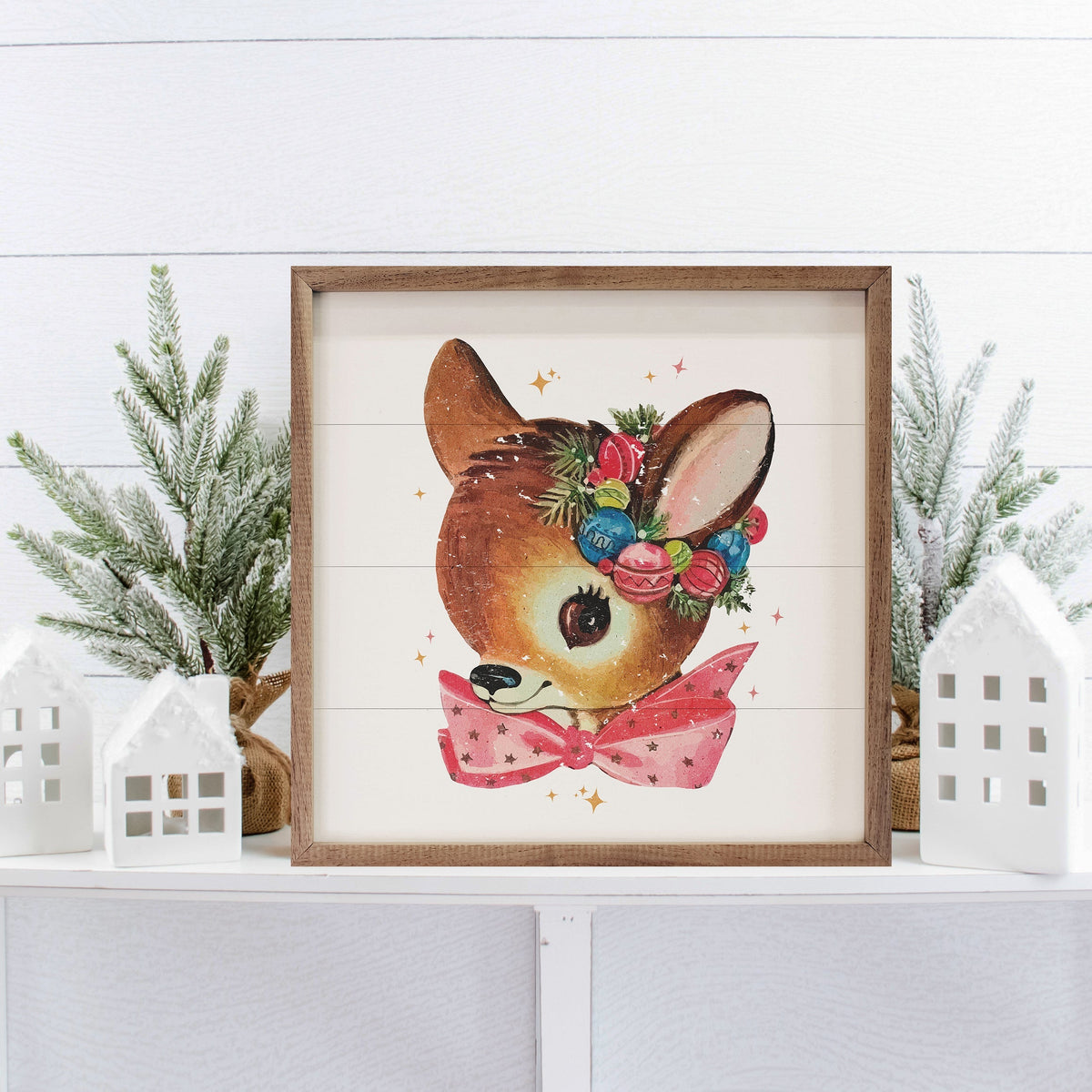 Pink Bow Deer White Printed and Framed Wall Sign
