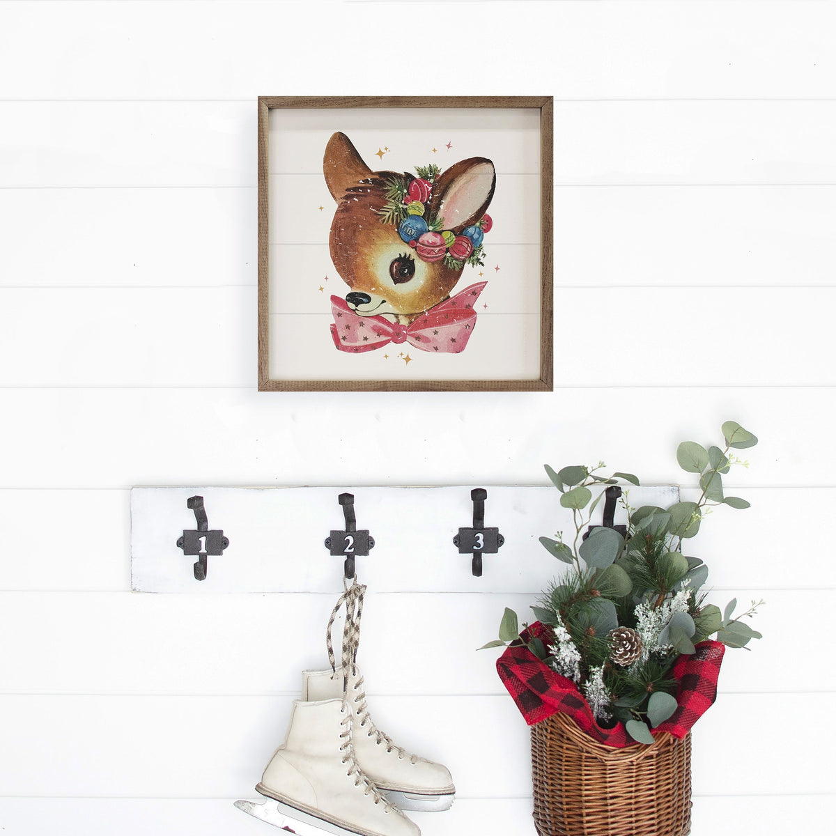 Pink Bow Deer White Printed and Framed Wall Sign